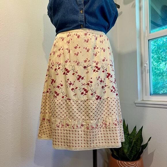 Vintage Silk Cotton Cream Cottage Floral Lace Trim Knee Length Skirt Size 14 - Picture 1 of 11